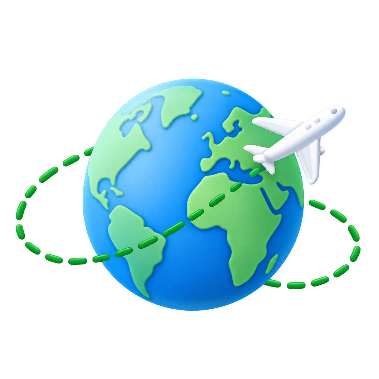A colorful 3D globe with an airplane circling the world